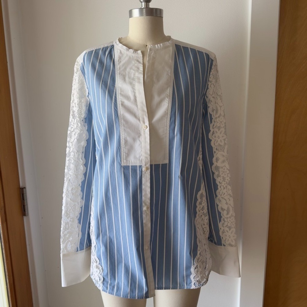 SANDRO‎ Deve Striped Lace Insert Shirt Top-Blue/White Tunic Button Down-US 6